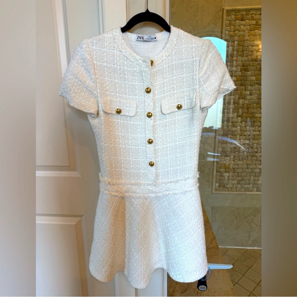 Zara Cream Tweed Fit-and-Flare Dress with Gold Buttons
